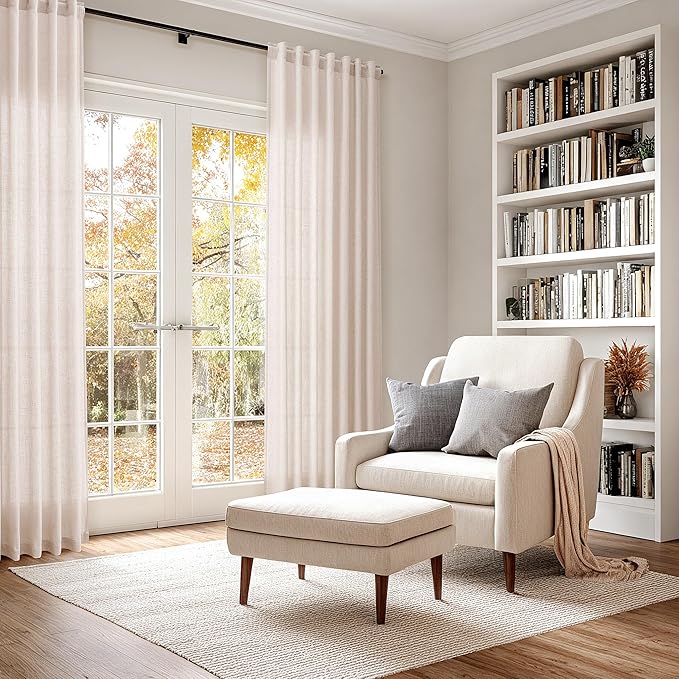 Natural White Linen Curtains 72 Inches Long for Living Room Burlap Linen Textured Light Filtering Semi Sheer Curtains Back Tab Privacy Neutral Farmhouse Curtain for Bedroom Office 52x72, 2 Panels