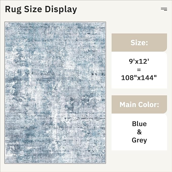 9x12 Area Rugs for Living Room, Abstract Non Slip Machine Washable Vintage Rugs, Low Pile Lightweight Large Rug for Bedroom, Dining Room, Home Office Blue