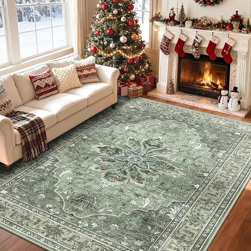 Area Rugs 8'x10' Washable Non-Slip, Floral Vintage Distress Print Pattern Medallion Carpet for Living Room Bedroom Dining Room, Dark Green Gray