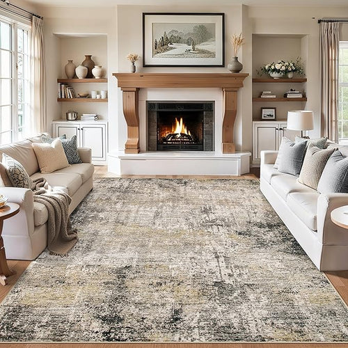 Area Rugs 9x12 Living Room - Washable Rug Modern Abstract Soft Large Neutral Non-Slip Carpet Indoor Floor Thin Carpets for Bedroom Dining Room Farmhouse Nursery Home Office Brown Black Grey