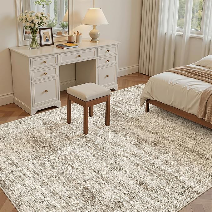 5x8 Area Rugs Brown Low Pile Indoor Washable Trendy Faded Style Rugs for Bedroom Living Room Dining Room Foldable Non-Slip Thin Print Home Office Mat