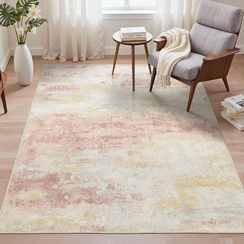 Area Rugs 8x10 for Living Room Bedroom, Modern Abstract Machine Washable Rug, Large Soft Low Pile Floor Carpet with Non Slip Backing for Dining Room, Pink/Cream