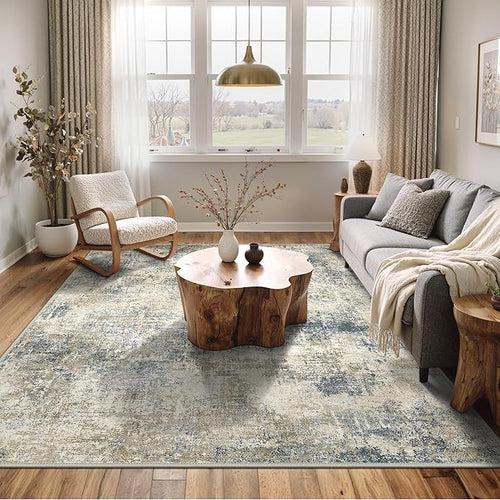 Area Rugs 6x9 for Living Room Bedroom, Modern Abstract Machine Washable Rug, Large Soft Low Pile Floor Carpet with Non Slip Backing for Dining Room, Blue Mist