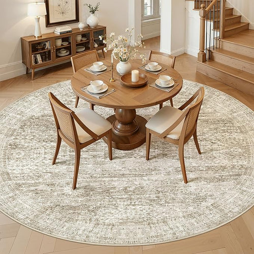 9x9 Brown Round Rug 9ft Living Room Circle Rug Vintage Round Area Rug Non Slip Indoor Carpet for Apartment