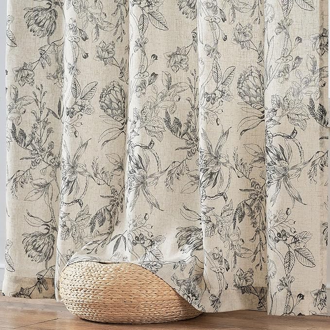 jinchan Floral Curtains 84 Inches Long Black Flower Linen Farmhouse Curtain for Living Room French Country Vintage Curtain Rod Pocket Curtains Set 2 Panels Balck Floral Printed