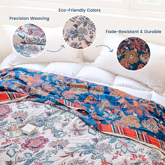 MSGKV Boho Throw Blanket 90"x108" 100% Cotton Floral Blanket for Bed Spring Breathable Lightweight King Blankets All Seasons Home Decor Muslin