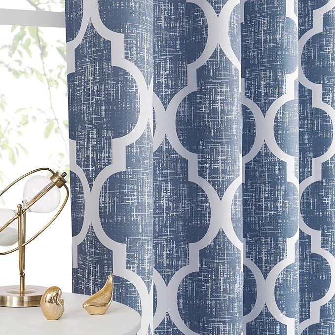 Beauoop 100% Blackout Curtains 96 Inches Long 2 Panels for Bedroom Living Room Blue Moroccan Geo Room Darkening Thermal Insulated Soundproof Rod Pocket Back Tab Window Treatments Drapes, 50x96