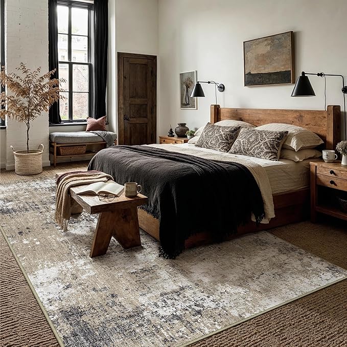 PureCozy 5x7 Abstract Area Rug Brown Washable Non Slip Living Room Carpet Modern Neutral Low Pile Ultra Soft Bedroom Throw Rug Contemporary Indoor for Kitchen Office Laundry Dining Room Bathroom
