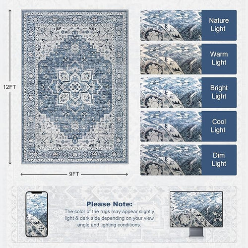 Area Rugs 9x12 Living Room Rug: Washable Rug Soft Vintage Boho Medallion Carpet Indoor Floor Non-Slip Stain Resistant Large Carpets for Bedroom Dining Room Farmhouse Nursery Home Office Blue