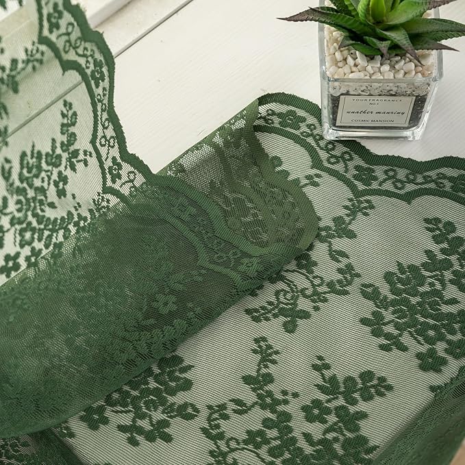 YJ YANJUN Vintage Lace Curtains-Victorian Floral Dark Green Boho 102 inch Long Curtains for Living Room Bedroom Custom 2 Panel Rod Pocket Retro Crochet Sheer Floor to Ceiling Drapes W52xL102 2 Panels