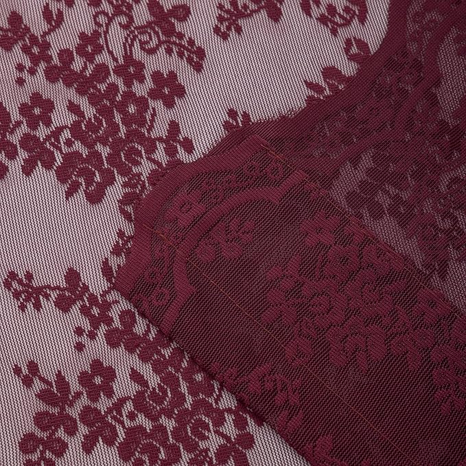 YJ YANJUN Vintage Lace Curtains 54 Inch Length-Victorian Floral Pattern Red Burgundy Short Sheer Curtain Panels for Kitchen Garage, Embroidery Light Filtering, Christmas Drapes 2 Panels 52W x 54L