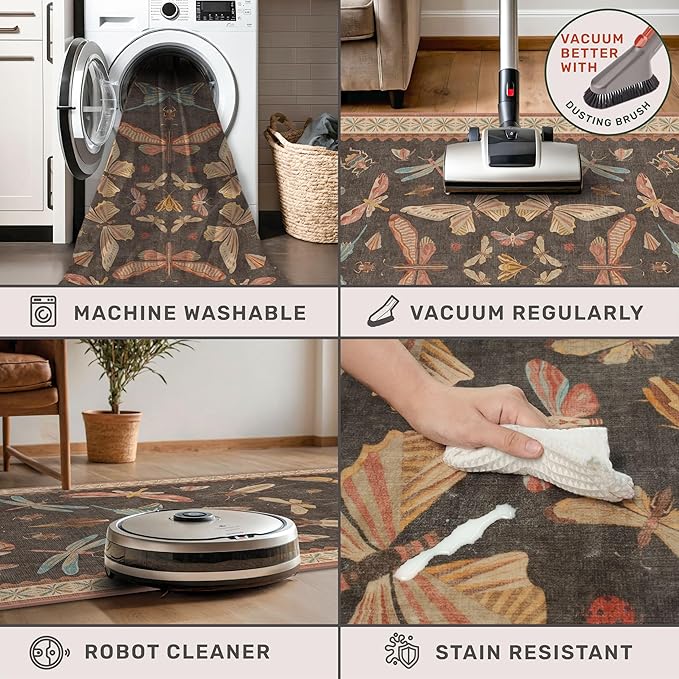Brown Washable Area Rug for Living Room - 4x6 Large Entryway Rugs, Vintage Insect Soft Stain Resistant Carpet for Bedroom, Kitchen, Non Slip with Rubber Backing, Aesthetic Décor Indoor