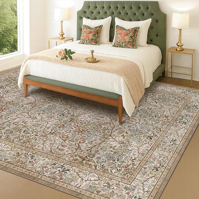 Hazo Haus Vintage Moss Green Living Room Rug, Neutral Taupe 8x10 Washable Area Rugs for Bedroom, Dining Room Rugs Under Kitchen Table, Oriental Low Pile Stain Resistant Non-Slip Large Rug