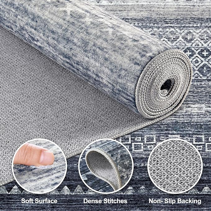 Nakagishi Area Rug Living Room Rugs: 7x10 Machine Washable Boho Large Neutral Farmhouse Stain Resistant Moroccan Indoor Floor Carpet for Bedroom Nursery Dorm Classroom Dining Room Home-Blue