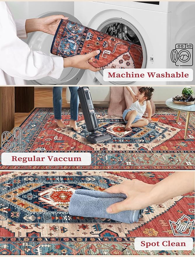 SERISSA Runner Rug for Hallways, 3x10 Washable Non Slip Kitchen Runner Rug, Long Boho Rug Vintage Rust Hallway Stair Ultra Soft Print Floor Carpet for Bedroom Bathroom Laundry Room