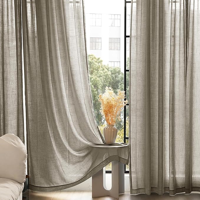 Taupe Linen Curtains 96 inches Long for Living Room Back Tab Rustic Farmhouse Semi Sheer Light Filtering Window Curtain Dining Room Soft Thick Flax Linen Textured Drapes Burlywood Birch Dark Brown