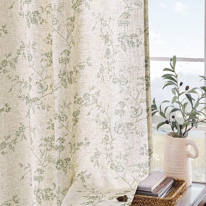 Lazzzy Green Floral Linen Curtains 96 Inch Farmhouse Back Tab Drapes for Living Room Bedroom Light Filtering Vintage Grandmillennial Rod Pocket Curtains, 2 Panels, W38 x L96, Green on Beige