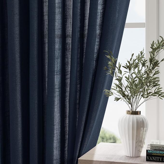 Nanspring Navy Blue Extra Long Curtain 102 inches Long 2 Panels Set for Living Room Back Tab Modern Farmhouse Coastal Decor Cotton Textured Blue Sheer Linen Curtains for High Window 52x102 Indigo