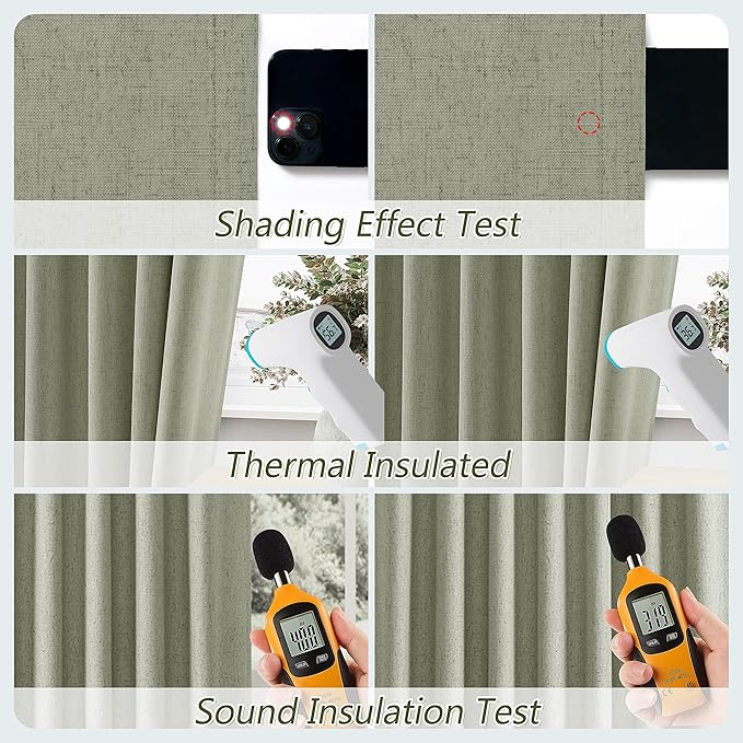 Sage Green 100% Blackout Linen Curtains 86 Inch Length 2 Panels Set for Living Room Bedroom Back Tab Thermal Insulated Black Out Drapes Room Darkening Window Curtains 86 Inches Long