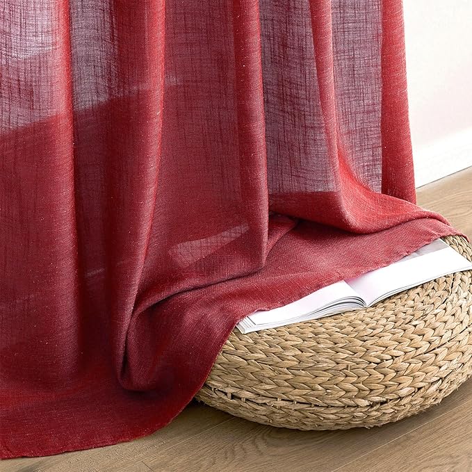 MIULEE Burgundy Red Linen Curtains 96 Inch Long for Bedroom Living Room, Soft Thick Linen Textured Window Drapes Semi Sheer Light Filtering Rod Pocket Back Tab Christmas Burlap Look, 2 Panels