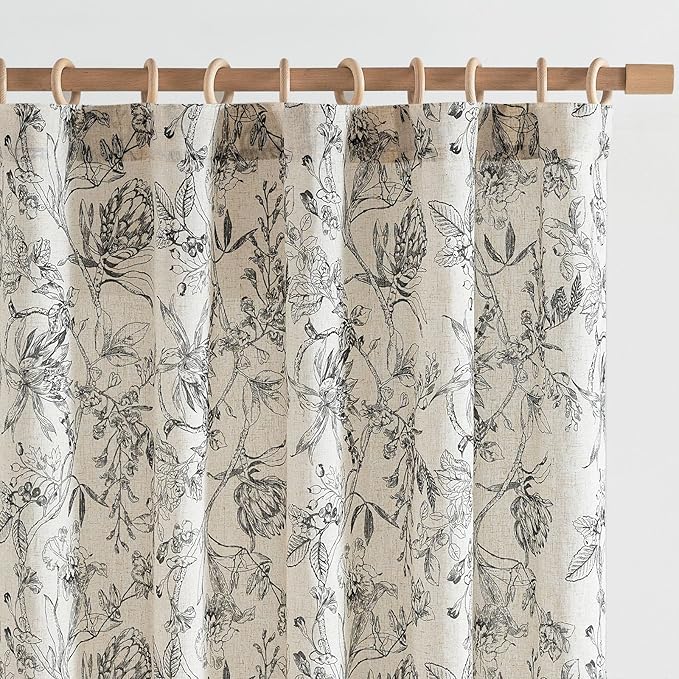 jinchan Floral Curtains 90 Inch Length Black Flower Linen Farmhouse Curtain for Living Room French Country Vintage Curtain Rod Pocket Curtains Set 2 Panels Balck Floral Printed