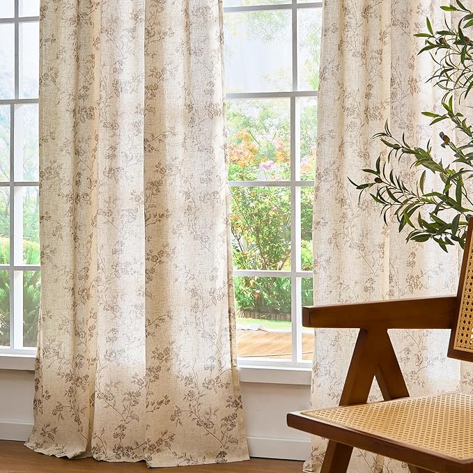 Lazzzy Taupe Floral Linen Curtains 96 Inch Farmhouse Back Tab Drapes for Living Room Bedroom Light Filtering Vintage Grandmillennial Rod Pocket Curtains, 2 Panels, W38 x L96, Taupe on Beige