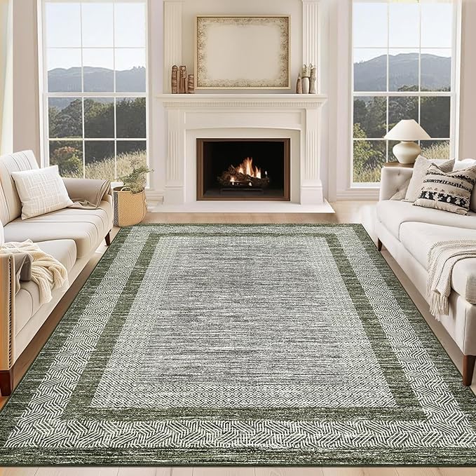 GarveeHome Modern Geometric Area Rug 4x6 Distressed Bordered Washable Non Slip Floor Carpet Non Shedding Thin Soft Low Pile Contemporary Green Rug for Dining Room, Living Room