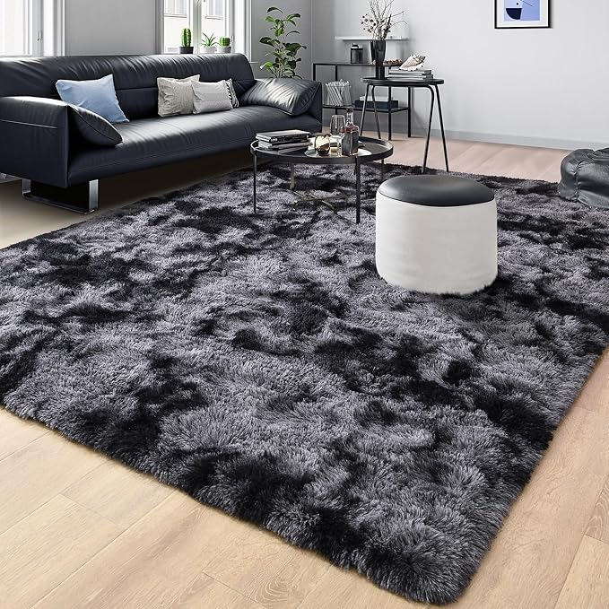 Tepook Area Rugs 9x12 for Living Room, Super Soft Fluffy Rugs for Bedroom, Modern Shaggy Rug Fuzzy Carpets for Kids, Plush Indoor Nursery Home Decor Rug with Non-Slip Bottom, Tie-Dyed Dark Grey