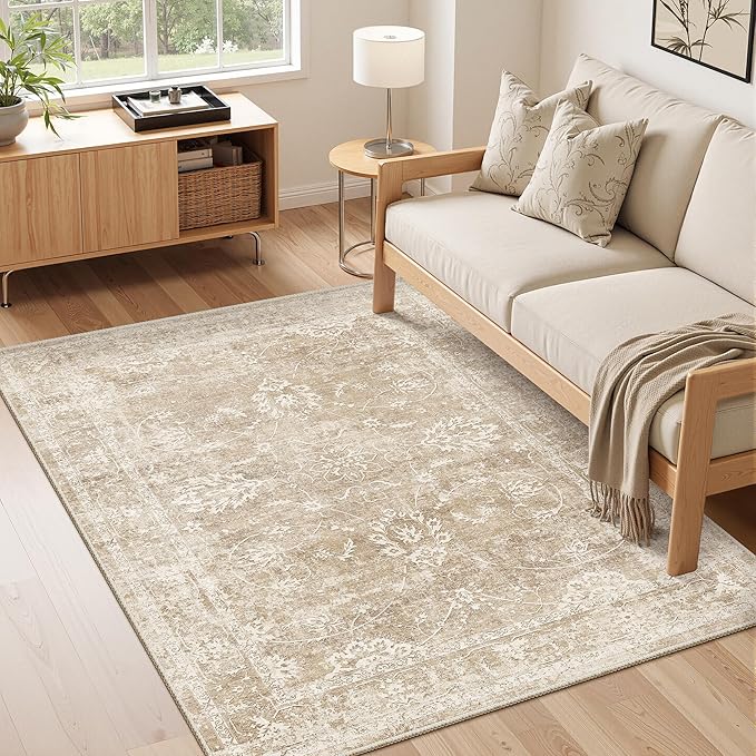 Madane 3x5 Area Rugs for Entryway,Washable Vintage Low Pile Non-Slip Throw Area Rugs, Accent Rug Floral Print Indoor Mat for Bedside Living Room Kitchen Bedroom, Beige/Brown