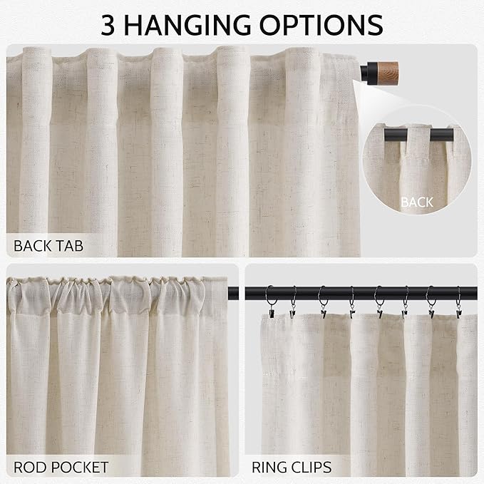 Nanspring Pearl White Linen Curtains 102 Inches Long for Living Room Light Filtering Semi Sheer Curtain Back Tab Coastal Decor Floor to Ceiling Modern Drapes for Bedroom Office 52x102, 2 Panels