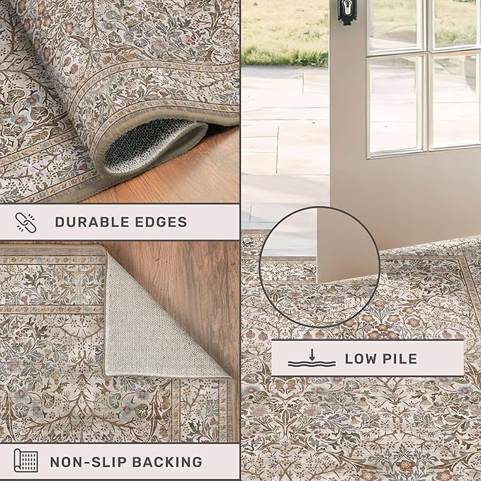 Moss Green 2'6" x 8' Runners for Hallways Non Slip, Extra Long Floor Runner for Kitchen, Entryway Indoor, Washable Rubber Backing Stain Resistant - Vintage Taupe Brown Floral Décor