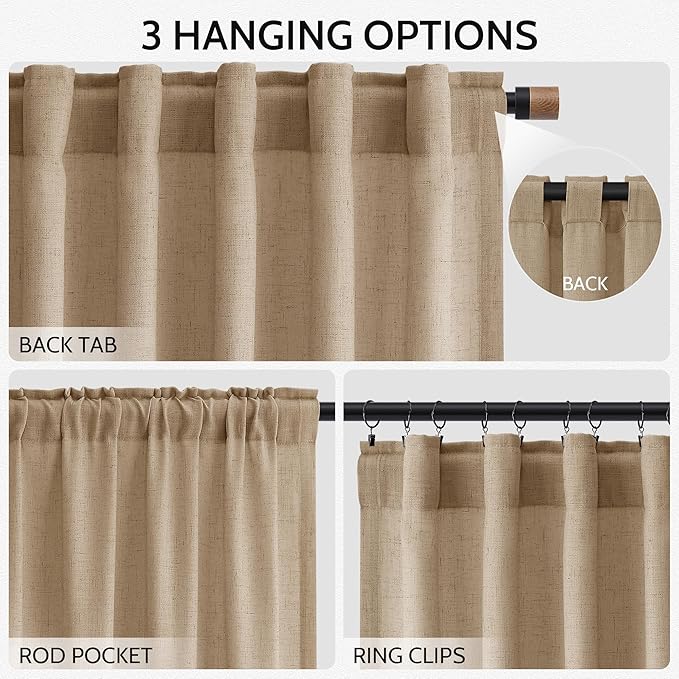 Sand Beige Linen Curtains for Living Room 94 Inches Long Simple Modern Light Filtering Semi Sheer Curtain Back Tab Rustic Farmhouse Luxury Home Decor Drapes for Bedroom Dinner Room 52x94, 2 Panels
