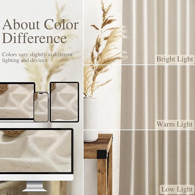 Boho Linen Curtains 132 Inch Length for Living Room Light Filtering Semi Sheer Curtain Back Tab Boho Eclectic Home Decor Farmhouse Drapes Floor to Ceiling High Window for Bedroom 52x132, 2 Panels