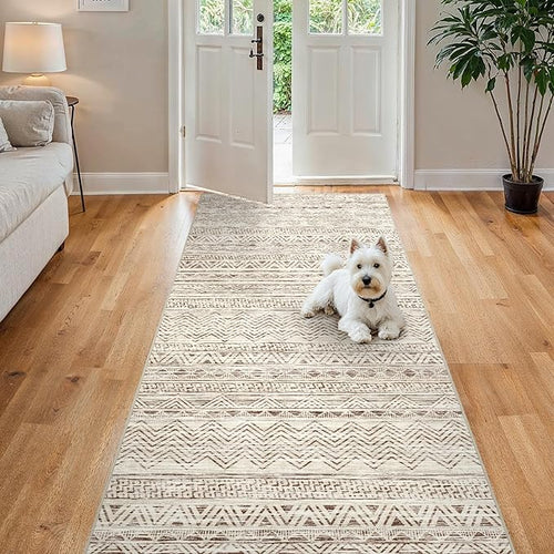 4x8 Washable Hallway Runner Rug：Moroccan Non-Slip Wide Runners for Entryway Kitchen Soft Modern Geometric Low-Pile Rugs for Living Room Thin Waterproof Carpet for Bedroom Bathroom Laundry(Beige,4x8)