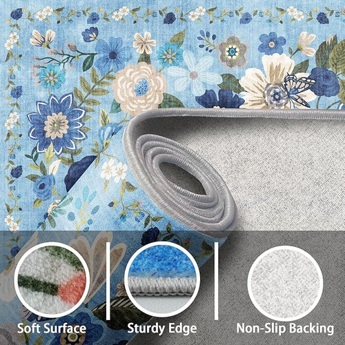 Area Rugs 9x12 Living Room Washable Rug Non Slip Floral Low Pile Large Rug for Living Room, Bedroom, Farmhouse, Dining Room, Kids Playroom(9 x 12, Blue Garden)