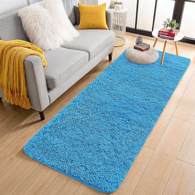OLANLY 2x4 Machine Washable Runner Rugs for Hallway, Soft Fluffy Shaggy Bedside Rugs for Bedroom, Living Room, Indoor Floor Carpet for Kids Girls and Boys, Home Decor Aesthetic, Bright Blue