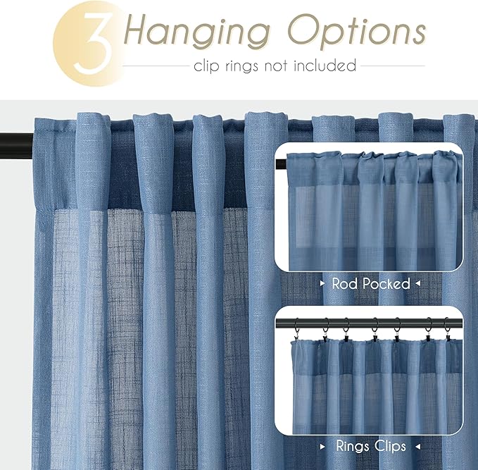 Denim Blue Curtains for Living Room Back Tab Modern Farmhouse Semi Sheer Blue Curtains 120 inches Long 2 Panels Set Muted Neutral Window Curtain for Dining Room Bedroom 52x120