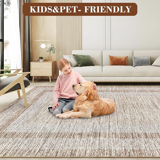 GarveeHome Modern Geometric Area Rug 5x7 Distressed Bordered Rug Washable Non Slip Floor Carpet Non Shedding Thin Rug, Soft Low Pile Rug, Contemporary Brown Rug for Dining Room, Living Room