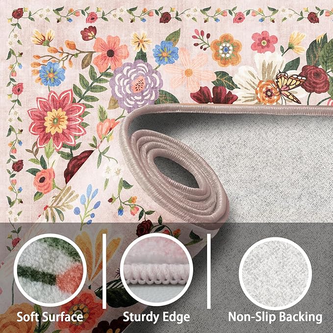 Pink/Beige Washable Area Rug 8x10, Large Soft Rugs for Living Room Floral Carpet 8x10 Area Rugs for Bedroom Dining Room Non-Slip Stain Resistant Under Table Rug(8 x 10, Beige/Pink Garden)