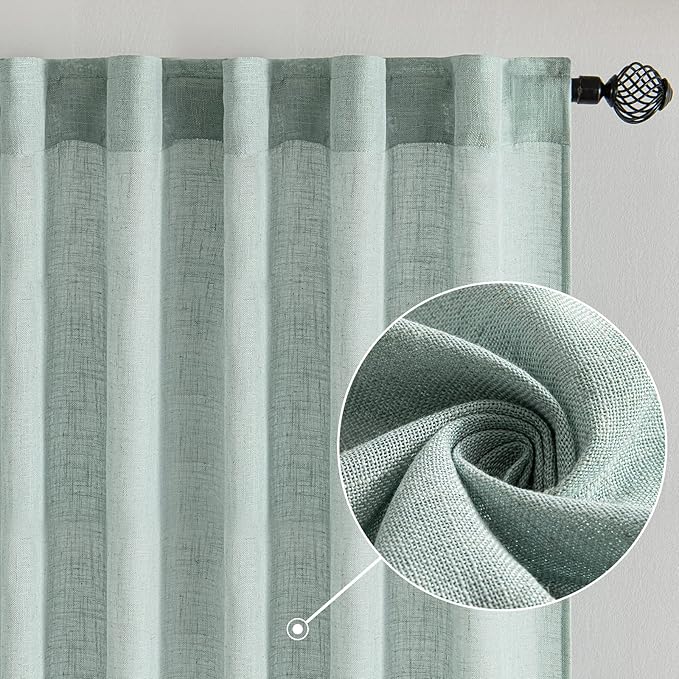 MIULEE Sea Green Linen Curtains 84 Inch Length for Bedroom Living Room, Soft Thick Linen Textured Window Drapes Semi Sheer Light Filtering Back Tab Rod Pocket Burlap Look Aqua Decor, 2 Panels