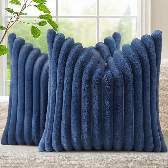 decorUhome Cozy Faux Fur Throw Pillow Covers 16x16 Set of 2 Decorative Soft Plush Striped Modern Farmhouse Boho Couch Pillow Cases with Velvet Back for Sofa Bed Living Room, Blue