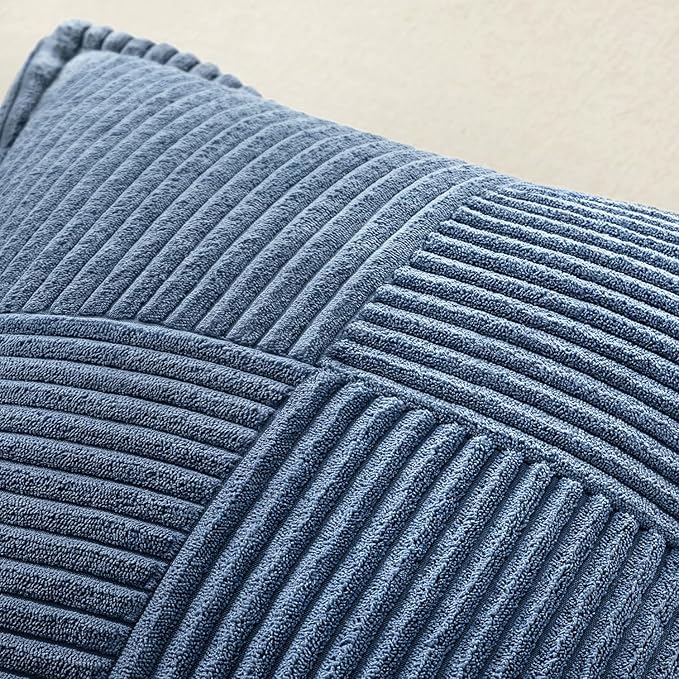 MIULEE Decorative Euro Sham Throw Pillow Covers for Couch Bed Livingroom 26x26 Inch Set of 2 Blue Boho Accent Throw Pllows Broadside Striped Patchwork Soft Corduroy Summer Coastal Pillowcases