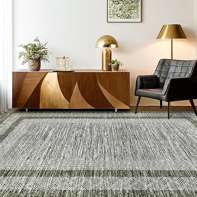 GarveeHome 9x12 Large Modern Green Area Rug Distressed Bordered Rug Soft Non Shedding Floor Carpet, Geometric Rug, Washable Non Slip Rug, Low Pile Indoor Area Rug for Living Room, Bedroom
