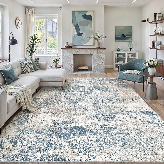 Blue 5x7 Area Rug Washable Modern Abstract Living Room Carpet Non Slip Neutral Low Pile Soft Contemporary Aesthetic Indoor Rug for Kitchen Office Laundry Bedroom Dining Room