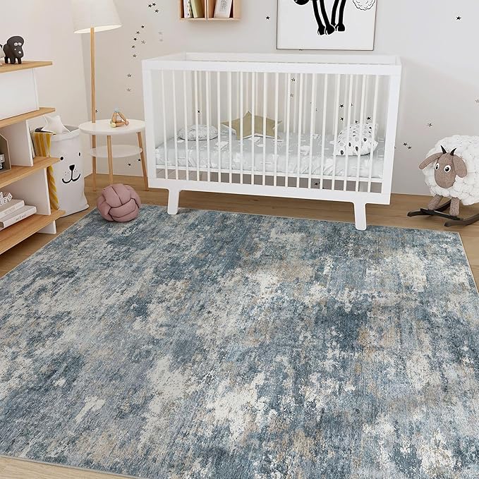 Nakagishi 9x12 Area Rugs Living Room: Washable Abstract Large Neutral Soft Rug Stain Resistant Modern Indoor Floor Non-Slip Carpet for Bedroom Nursery Kids Playroom Office Dining Room Dorm-Blue Brown