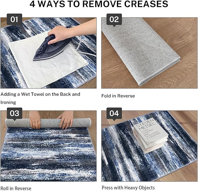 Lansny Modern Abstract Hallway Runner Rug, Navy Blue Washable Kitchen Runner Non-Slip Soft 2x8 Runner Rug Thin Print Faux Wool Carpet for Entryway Bedroom Laundry Room Indoor