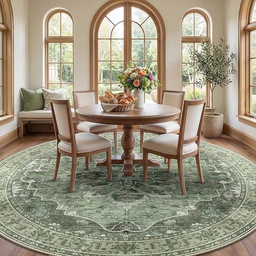 Area Rugs 8ft Washable Non-Slip, Floral Vintage Distress Print Pattern Medallion Carpet for Living Room Bedroom Dining Room, Dark Green Gray