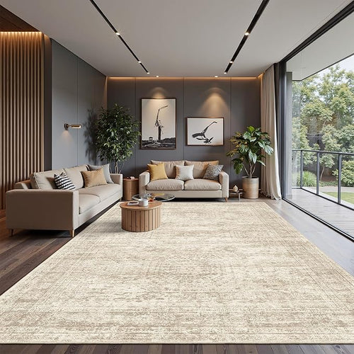 Area Rug 10x12 Vintage Washable Living Room Large Carpet Non Slip Bedroom Indoor Office Dining Room Low Pile Thin Rug Beige