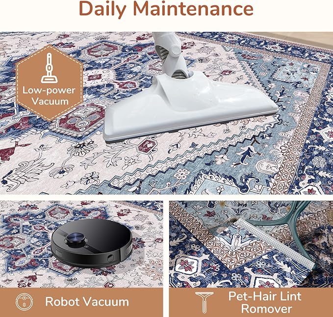OPPODREAM Soft 10x14 Area Rugs, Washable Rugs 10x14 with Non Slip Backing, Low-Pile Faux Cashmere 10 x 14 Carpet, Navy Blue & Red & Cream