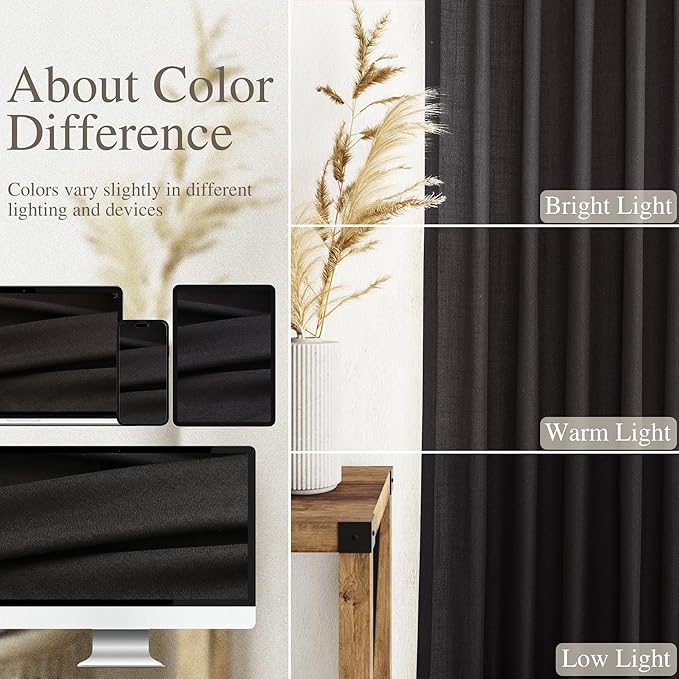 Vintage Black Linen Curtains 63 Inch Length for Living Room Light Filtering Semi Sheer Curtain Back Tab and Rod Pocket Privacy Luxury Gothic Vintage Decor Drapes for Bedroom Office 52x63, 2 Panels
